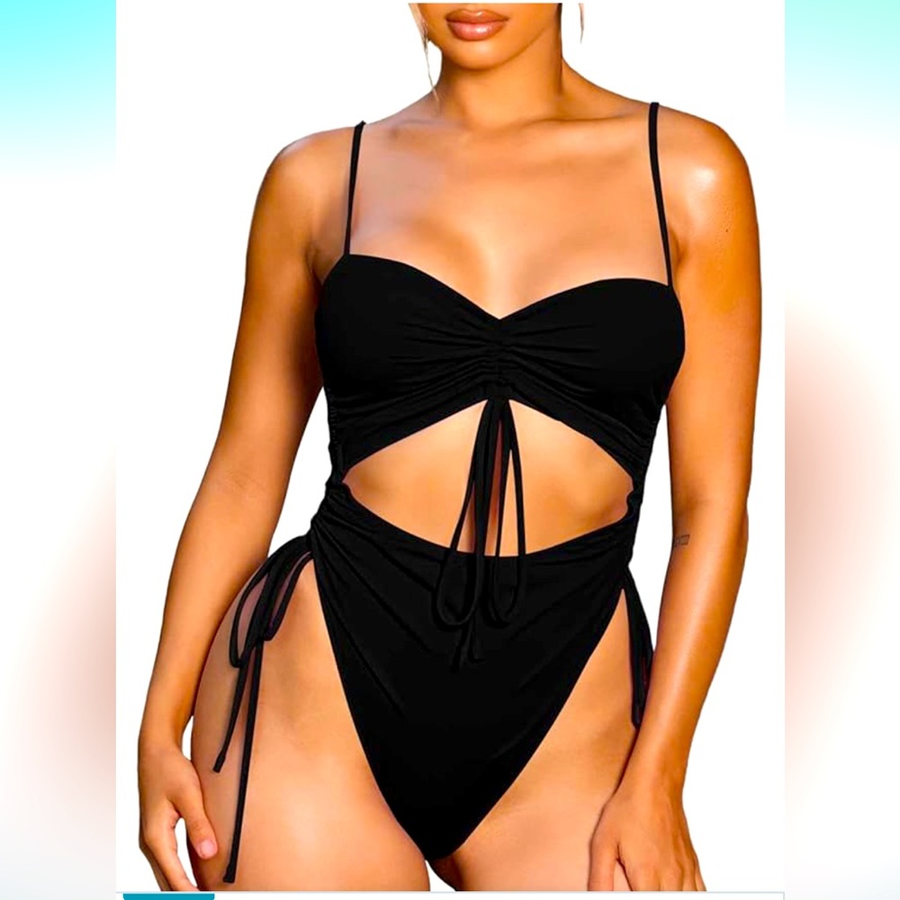 🚘NEW  Women's Cut Out Drawstring One Piece Swimsuit Cheeky High Cut Bathing Suit